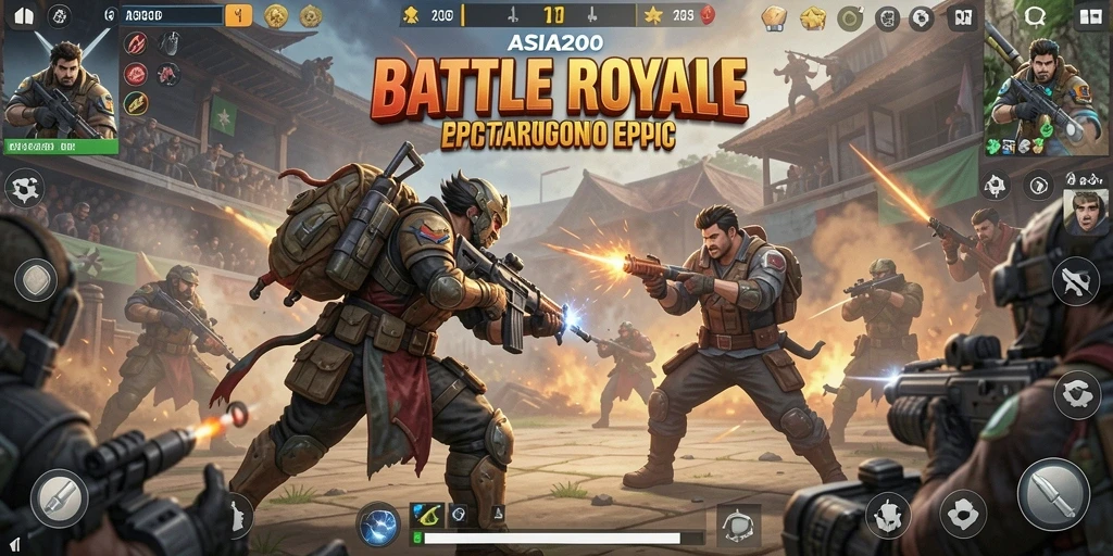 Tangkapan layar utama ASIA200 menampilkan aksi Battle Royale yang intens dan mendebarkan.