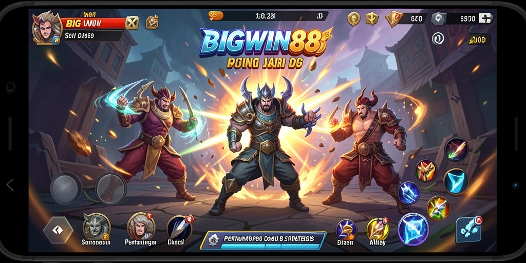 Screenshot utama BIGWIN88 menampilkan aksi pertarungan seru dengan karakter unik.