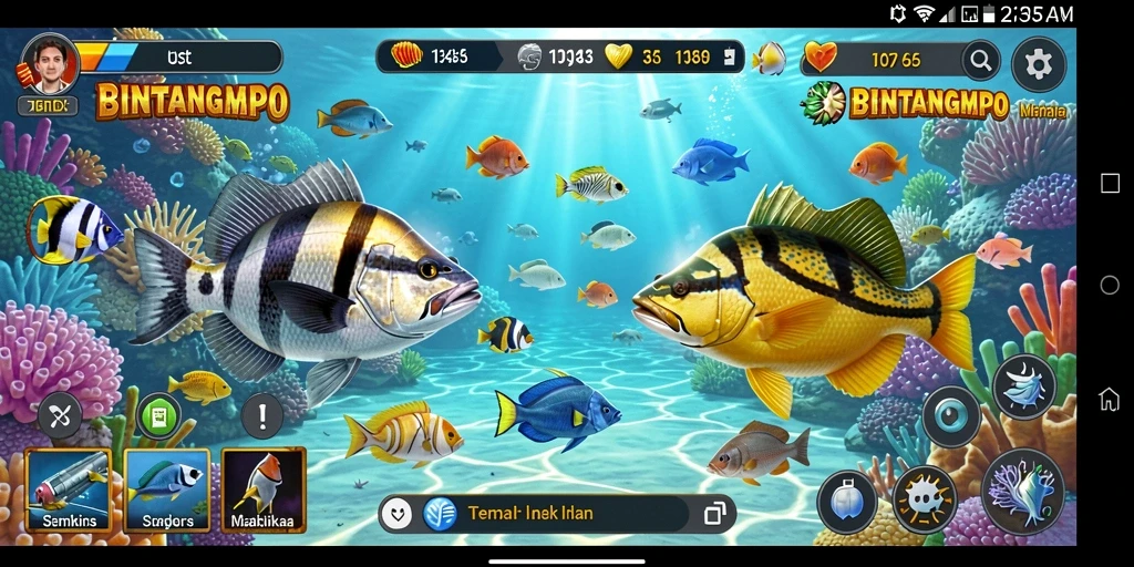 Tangkapan layar gameplay BINTANGMPO menampilkan aksi tembak ikan yang mendebarkan.