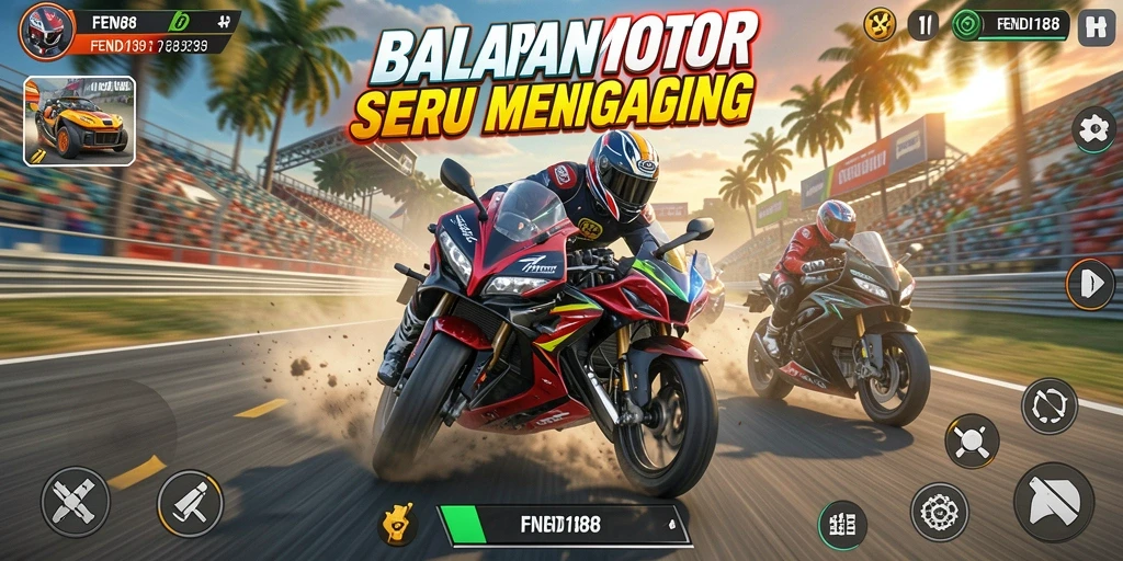 Tangkapan layar utama FENDI188 menampilkan aksi balapan motor yang intens.