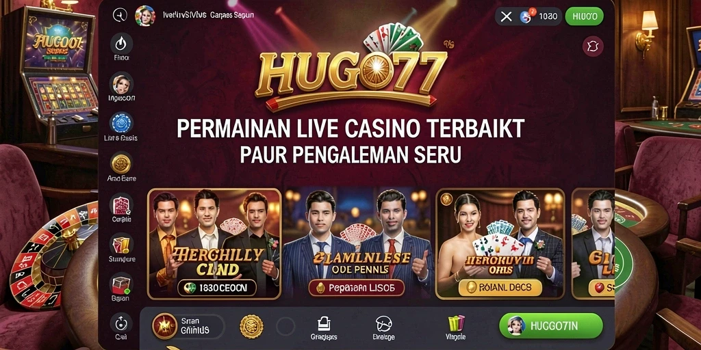 Screenshot gameplay HUGO77 menampilkan dealer langsung dan suasana kasino yang menggembirakan.