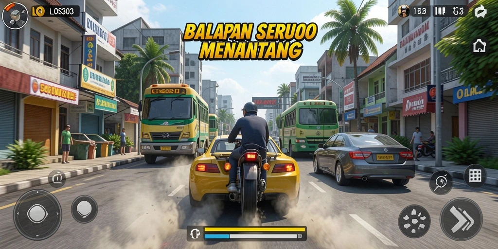 Gameplay seru di jalanan dengan berbagai kendaraan balap.