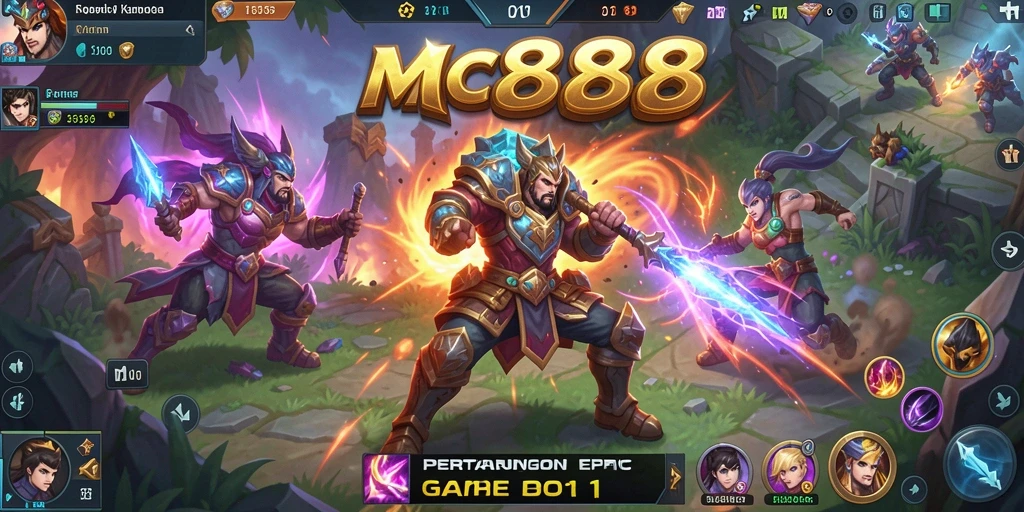 Tampilan utama gameplay MOBA di MC888 dengan karakter yang beraksi.