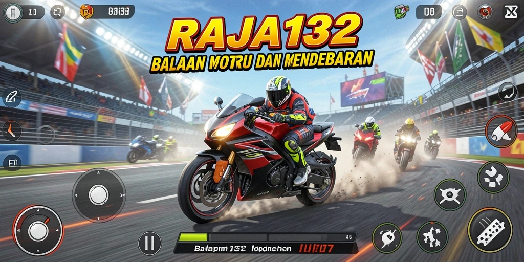 Tampilan gameplay seru di RAJA132 dengan motor balap yang cepat dan trek menantang.