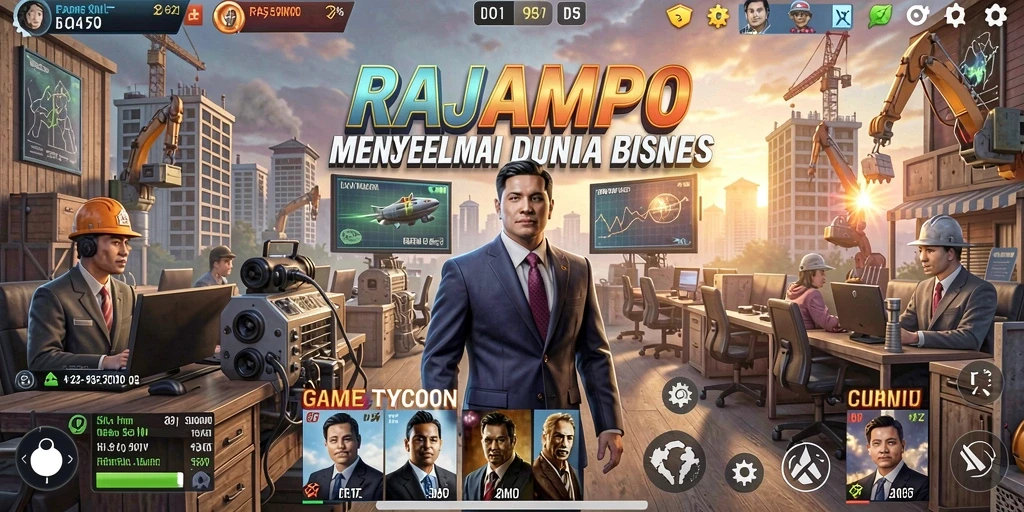 Tampilan gameplay RAJAMPO yang menampilkan strategi bisnis kreatif.