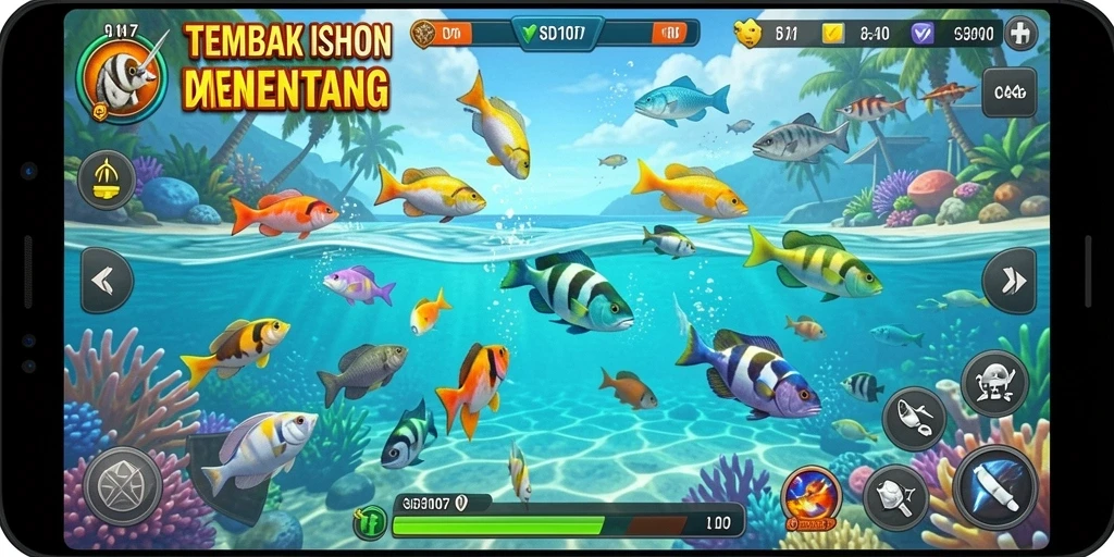 Tampilan gameplay SD107 dengan ikan dan senjata yang berwarna-warni.