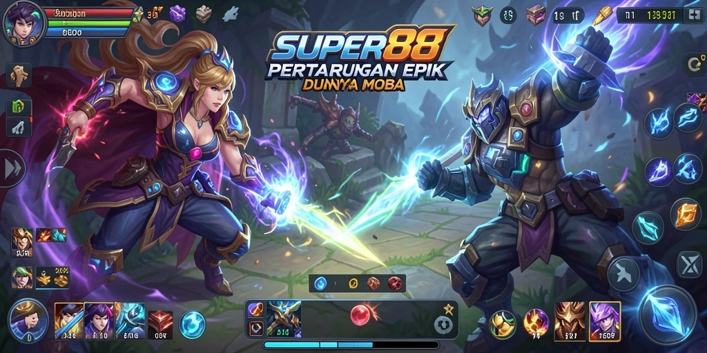 Screenshot SUPER88 menampilkan aksi pertarungan MOBA yang intens.